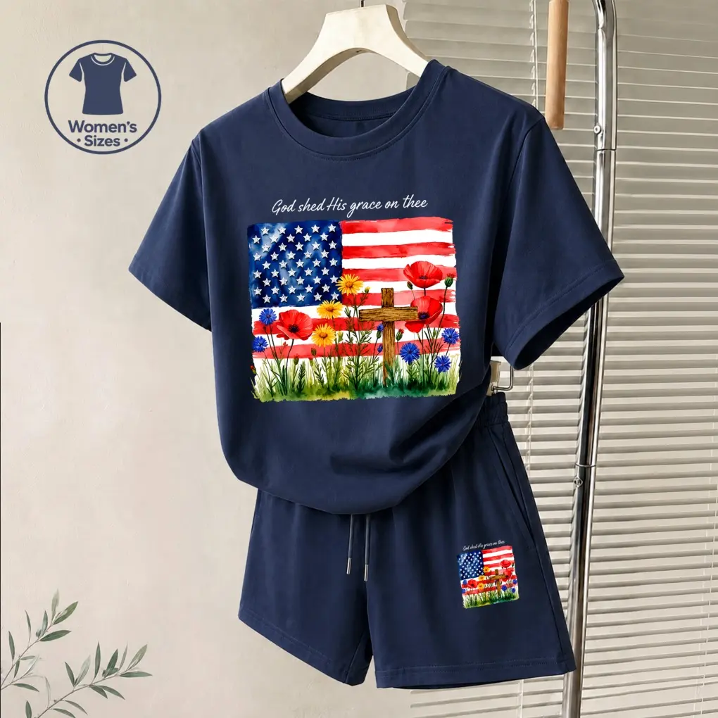 Women's God Shed His Grace Graphic Short Sleeve T-Shirt And Shorts Set, Casual Summer Two-Piece Outfit With Crew Neck Top And Drawstring Waist Shorts For Daily Wear