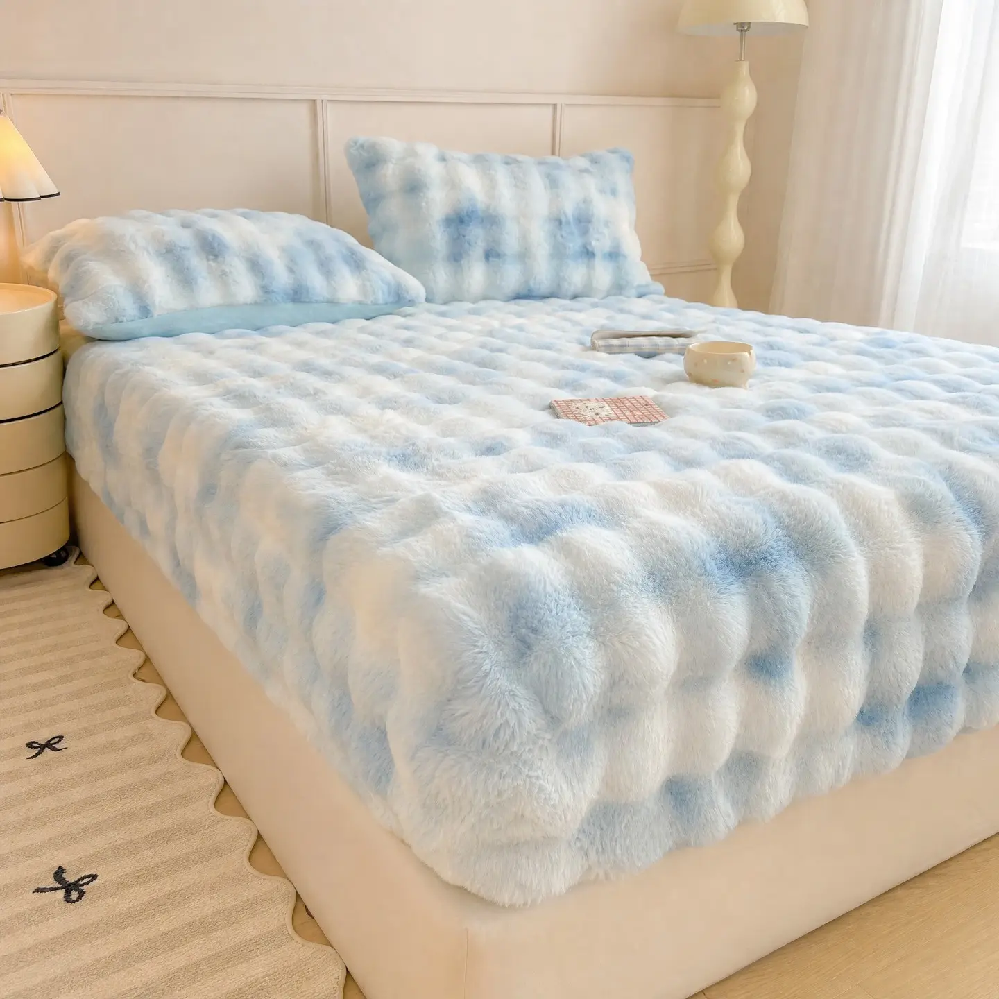 Fluffy Fitted Sheet 3 PCS - Tie Dye Blue Fleece Bedding Set Luxury Fuzzy Plush & Super Soft Bed Sheet Set All Season, Heavy Cozy Warm Faux Fur Bubble Fitted Sheet with 2 Pillow Cases