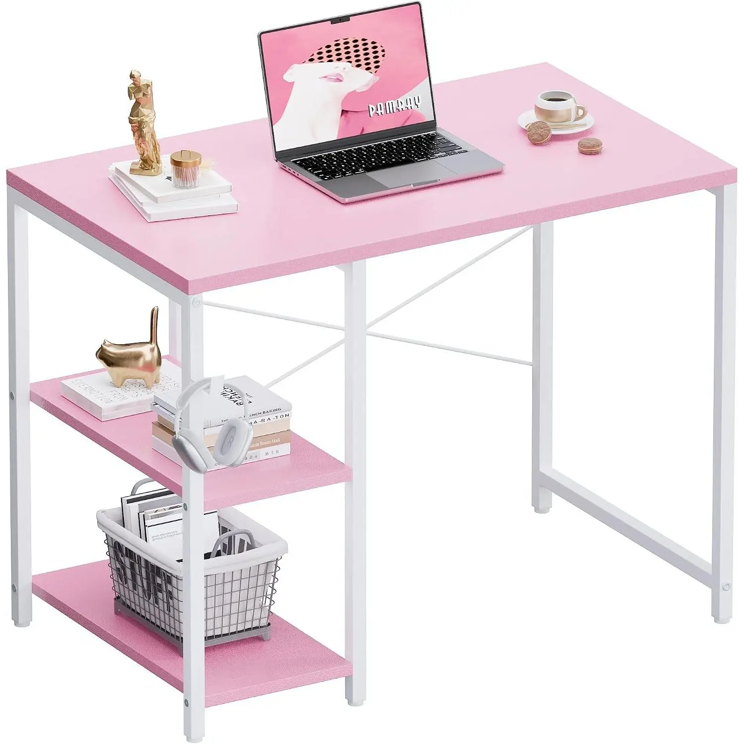 32 Inch Small Computer Desk with Shelves, Home Office Desk with Headphone Hook for Bedroom, Study Writing PC Table for Small Spaces, Pink
