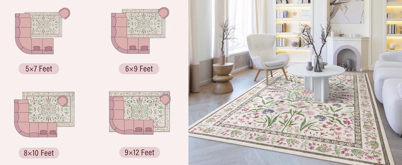 Amearea 8x10 Area Faux Cashmere Rugs for Living Room, Washable Area Rugs 8 x 10 Pink Floral Rug, Vintage Low Pile Cute Room Print Carpet, Non Slip Office Nursery Bedroom Dining Room Farmhouse Decor