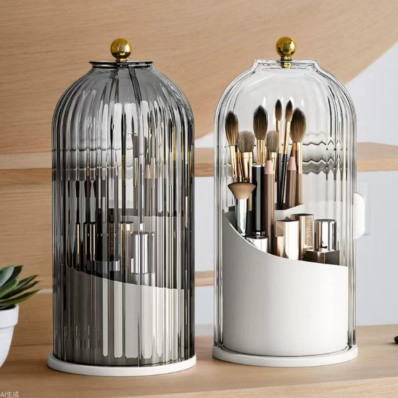 Classic 360-Degree Rotating Silicone Makeup Brush Holder with Transparent Lid, Cosmetic Storage Organiser for Vanity, Bathroom Desktop Countertop