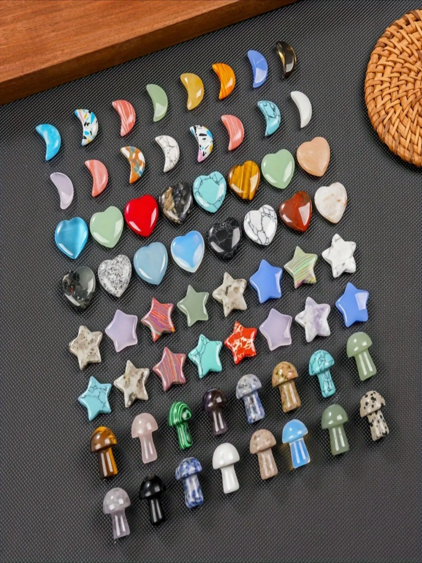 64 pieces crystal mushroom sculptures, heart-shaped crystal moons, crystal stars, bulk crystal stones, worry stone assortments, palm & thumb gemstones for handmade jewelry making supplies, Crystal Decor
