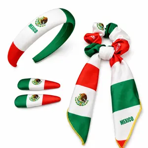 Hair Accessories Set, Satin Mexico Flag Colors Headband & Bow Scrunchie Scarf, 4-Piece Bundle, For Women Soccer Fan Game Day & Patriotic Celebration, Stylish Green White Red Festive Fan Look, Machine Washable, Gentle On Hair, Perfect Gift Set