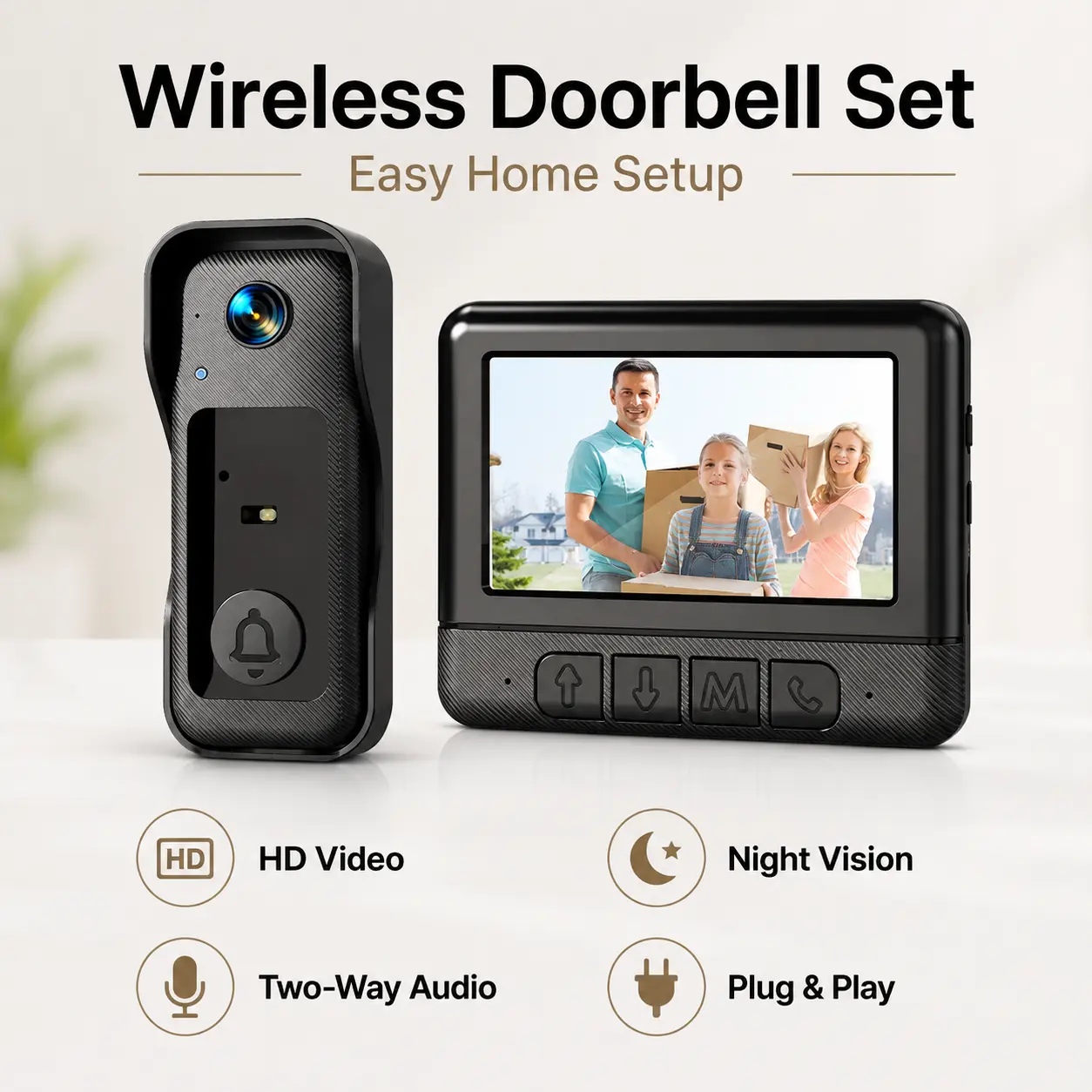 Smart Wireless Video Doorbell System with Indoor Screen, HD Video, Night Vision and Two-Way Communication, No Subscription Required, Easy Setup for Home Use