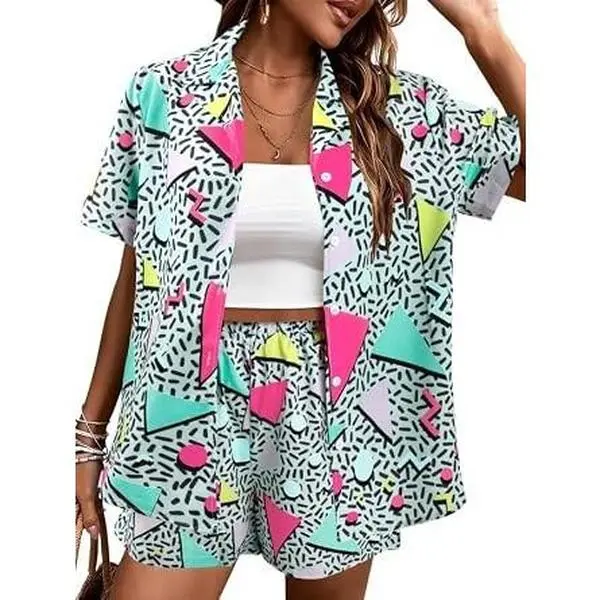 80s 90s 2 Piece Outfits for Women Retro Theme Party Disco Matching Sets Neon Button Down Top and Shorts Sets