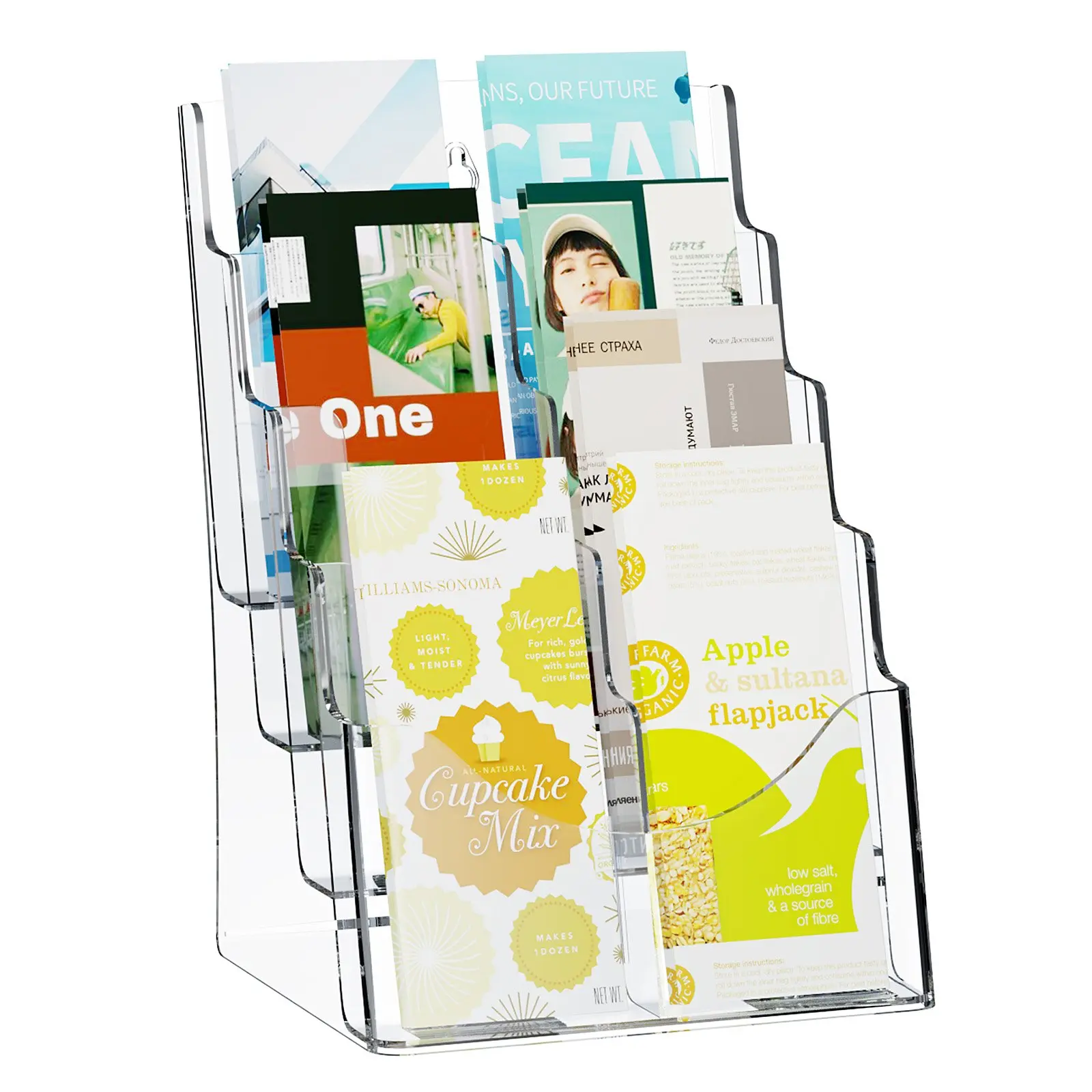 VEVOR Acrylic Brochure Holder 8.5x 11 inch, 4-Tier Clear Acrylic Literature Display Stand, Plastic Literature Organizer Flyer Stand Removable Divider for Office Exhibition, Countertop or Wall Mount