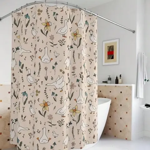 Silly Goose Print Shower Curtain, Washable Polyester Bathroom Decor and Accessories for Kids, Whimsical House Decor, Cottagecore Farmhouse Gift for Animal Bird Lovers (Bathroom Makeover Essential)