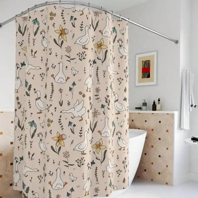Silly Goose Print Shower Curtain, Washable Polyester Bathroom Decor and Accessories for Kids, Whimsical House Decor, Cottagecore Farmhouse Gift for Animal Bird Lovers (Bathroom Makeover Essential)