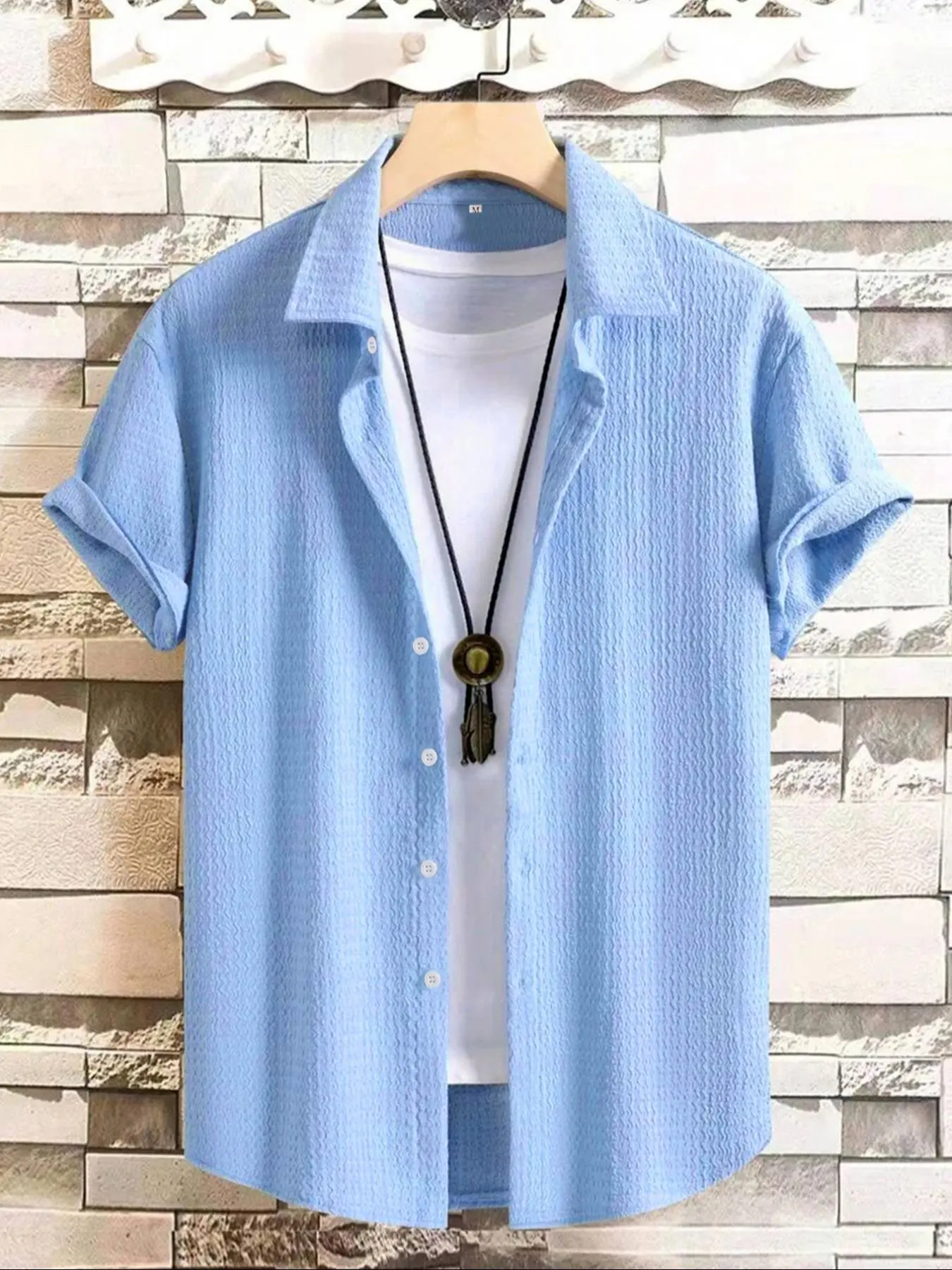 Men's Textured Short Sleeve Shirt, Regular Fit Casual Solid Color Collared Top for Summer, Men's Clothes for Daily Wear