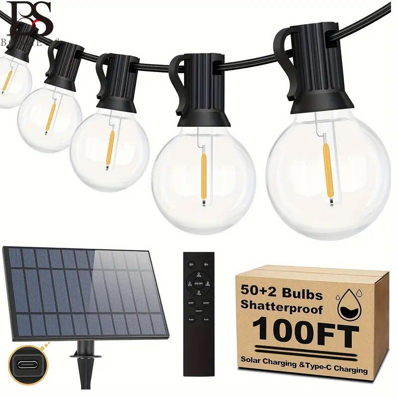 100FT/200FT Solar String Lights Outdoor With Remote, Dimmable Solar String Lights For Outside With Shatterproof Bulbs, G40 LED Patio Lights String Solar Powered, Hanging Lights For Yard Decor, Halloween, Christmas Decoration
