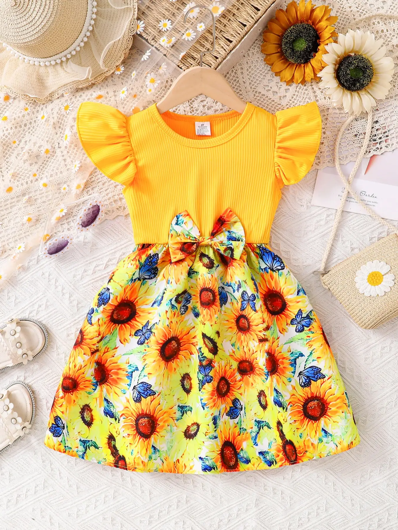 Sunflower Girls Summer Dress, Casual Fitted Sleeveless Round Neck Butterfly Waistband, Cute Breathable Kids Fashion