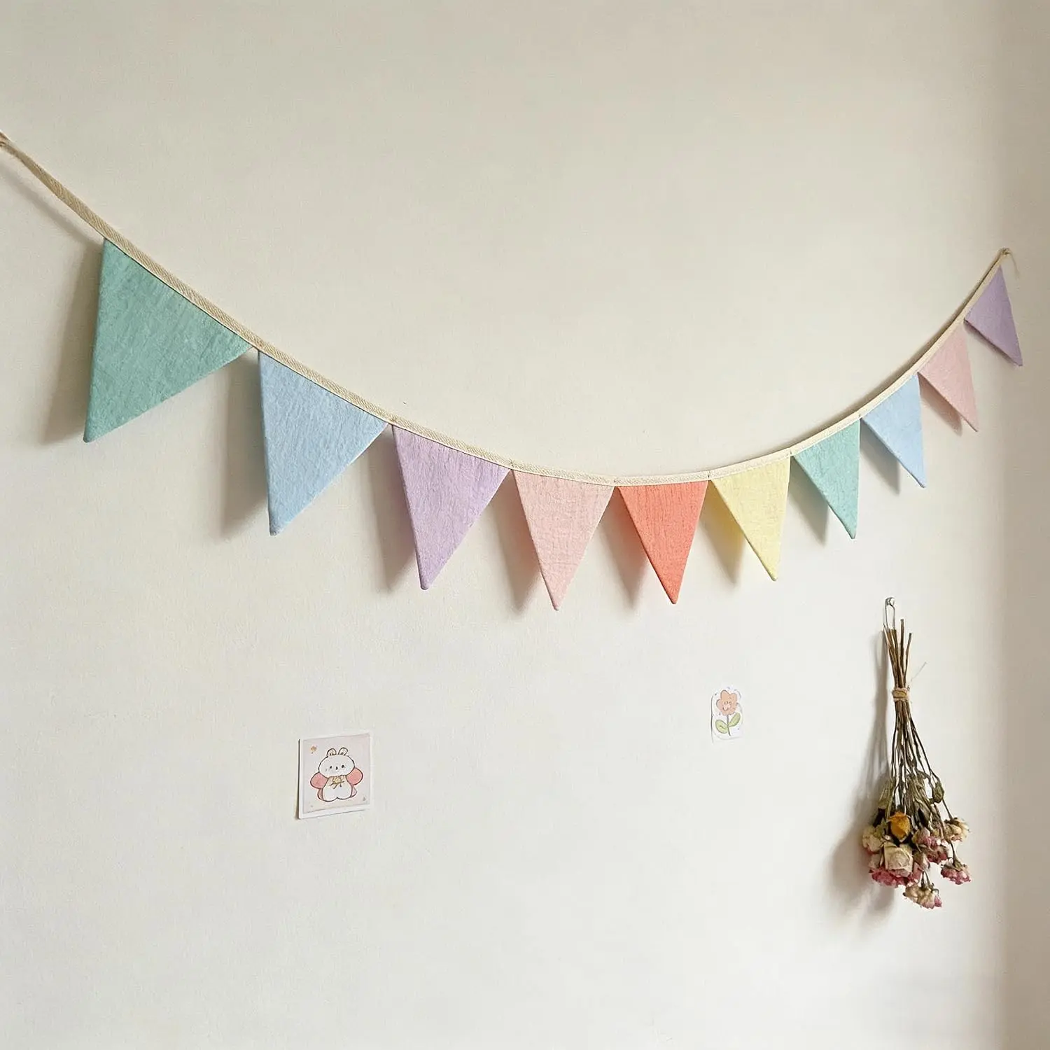 Pastel Cotton Pennant Banner Flags, Triangle Fabric Bunting Garland for Playroom Nursery Decor, Indoor Furniture Accent Hanging Decorations