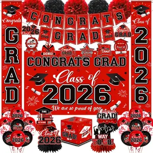 Graduation Decorations 2026 Red Party Decor Set with Congrats Grad Banner, Class of 2026 Backdrop, Balloons, Box & Streamers Supplies for High School & College Celebrations