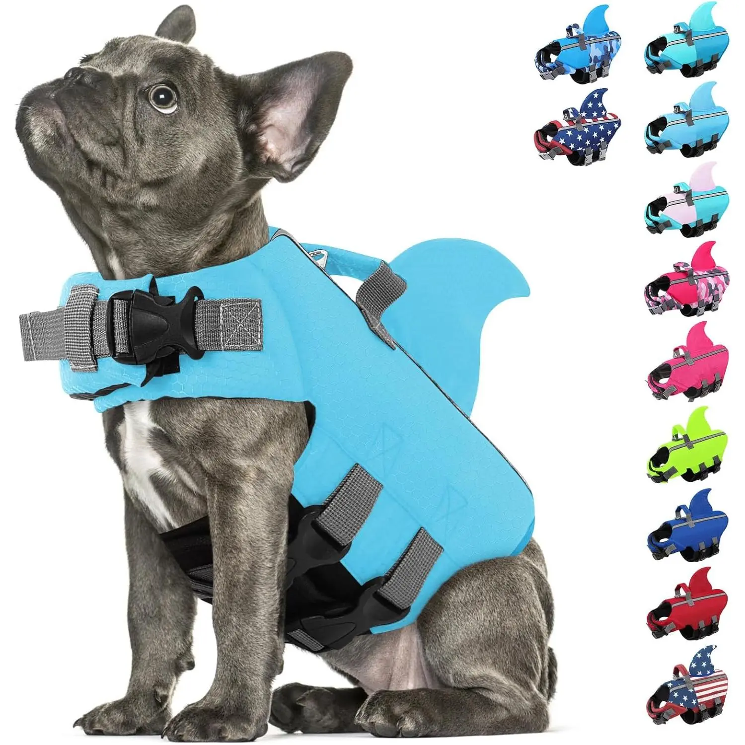 Dog Life Jacket Shark Life Vest for Dogs, Adjustable Swimming Vest with High Buoyancy, Safety Lifesaver with Rescue Handle for French Bulldog Small Medium Breeds, Blue M