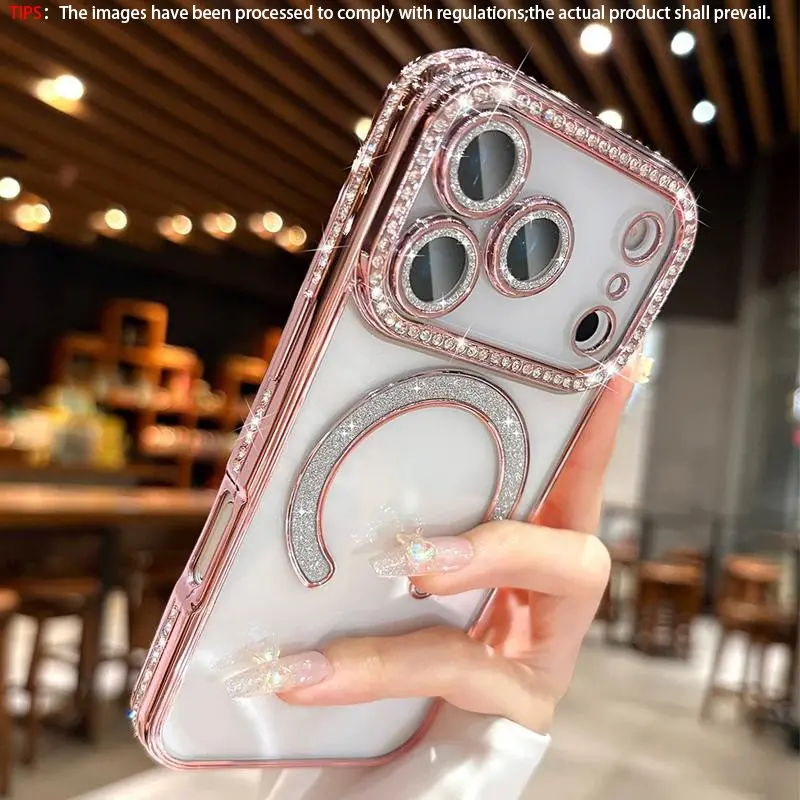 Shimmering Diamante Magnetic Phone Case with Rhinestones - MagSafe Wireless Charging, Anti-Drop Protection, Camera Lens Protector for iPhone Series (17 Air,16,15,14,13,12,11 Plus Pro Max) iOS Accessories for Women