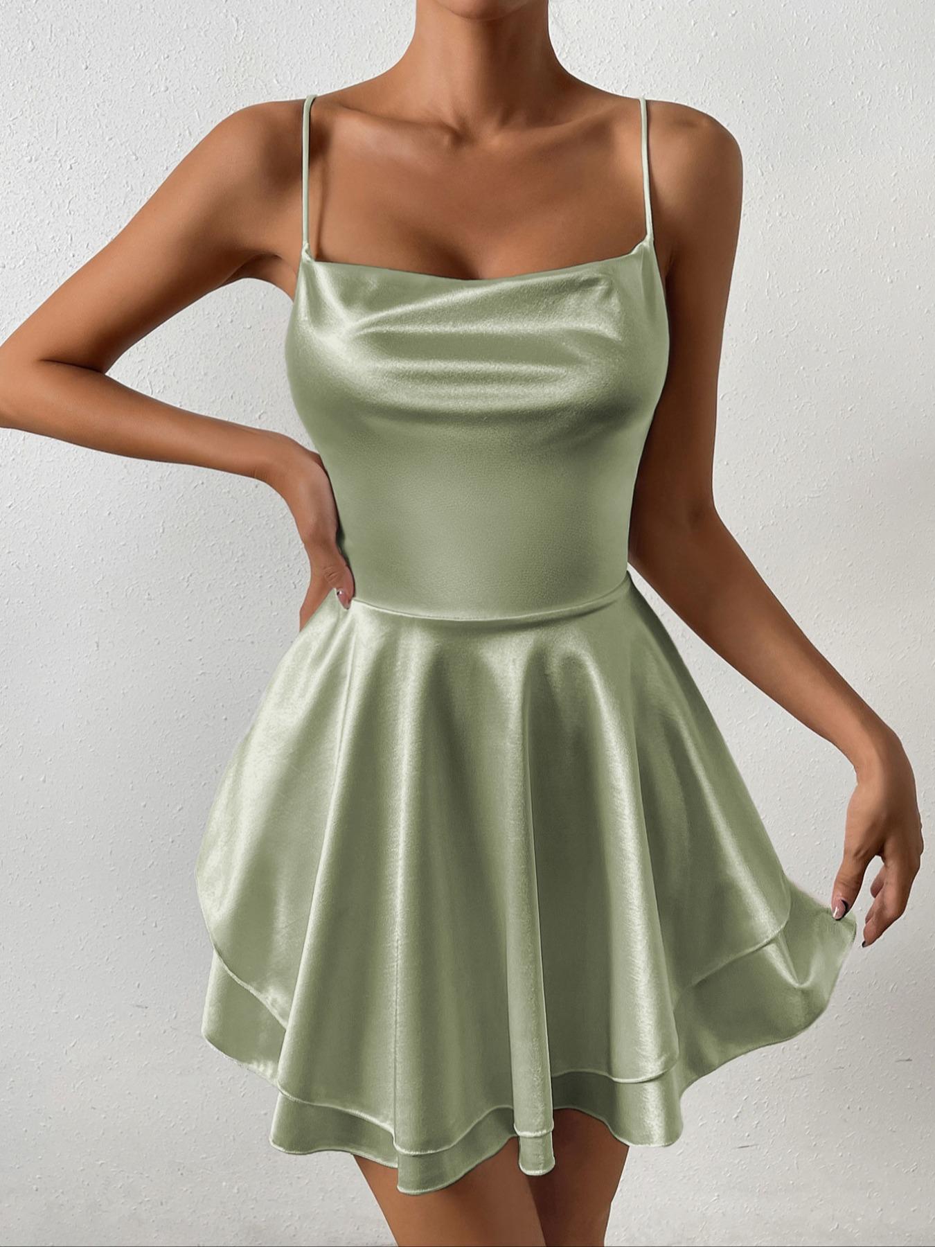 Women's Plain Lace Up Backless Tiered Layer Stretchy Satin Cami Dress, Summer Clothes Women, Elegant Cowl Neck Sleeveless A Line Short Dress for Party Holiday Wedding Guest, Dresses for Women, Bridesmaid Dresses