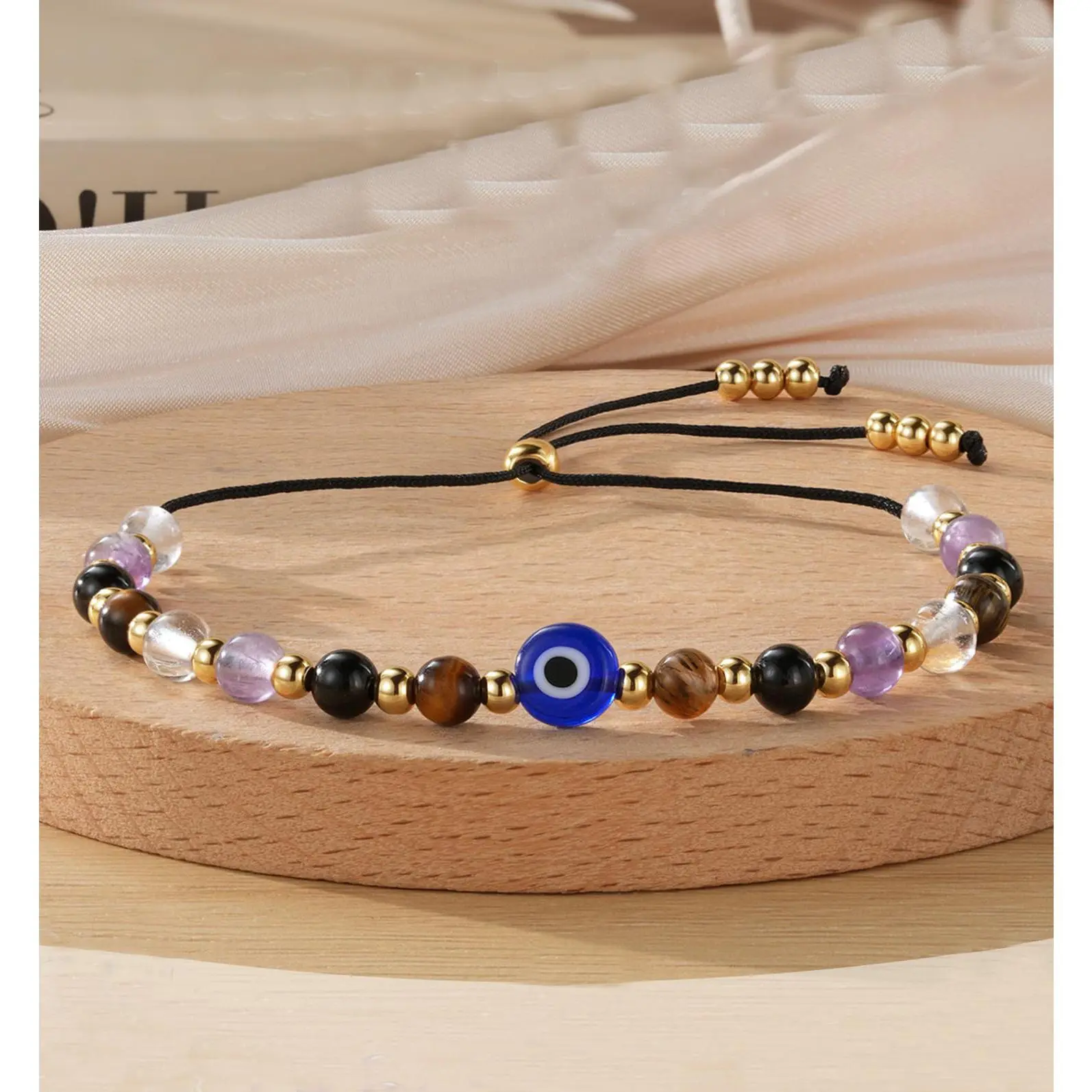 Evil Eye Crystal Bracelet, Diamond Cut Beads Adjustable Drawstring Bracelet with Gold End Beads & Slide Clasp