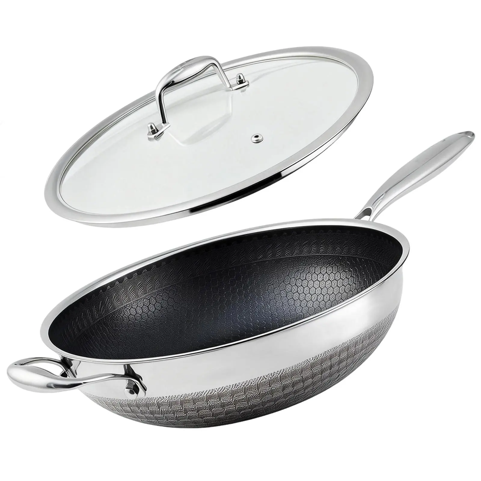 Hybrid Stainless Steel Wok Pan 13 Inch with Lid – Nonstick Stir Fry Pan, PFOA Free, Induction Compatible, Dishwasher Safe, Durable Multi-Layer Kitchen Cookware – With Lid