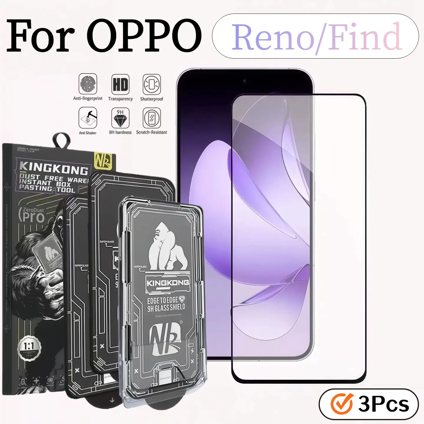 3-Pack Nk Gorilla Phone Screen Protector, HD Tempered Glass for Oppo Models, Bubble-Free, 9h Hardness, Scratch-Resistant, Ultrasonic Fingerprint Unlock