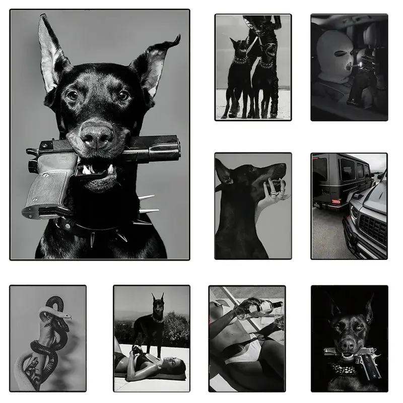 Hypebeast Modern Black White Doberman Gun Luxury Fashion Poster Leopard Tiger Dog Canvas Painting Art Picture Nordic Home Decor