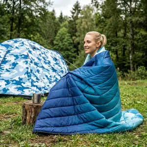 Waterproof Camping Blanket, 79"x55" Packable Outdoor Quilted Blanket, Lightweight Packable Outdoor Throw, Durable Nylon Ideal for Hiking, Picnic Stadium Beach, Blue Mountain Design