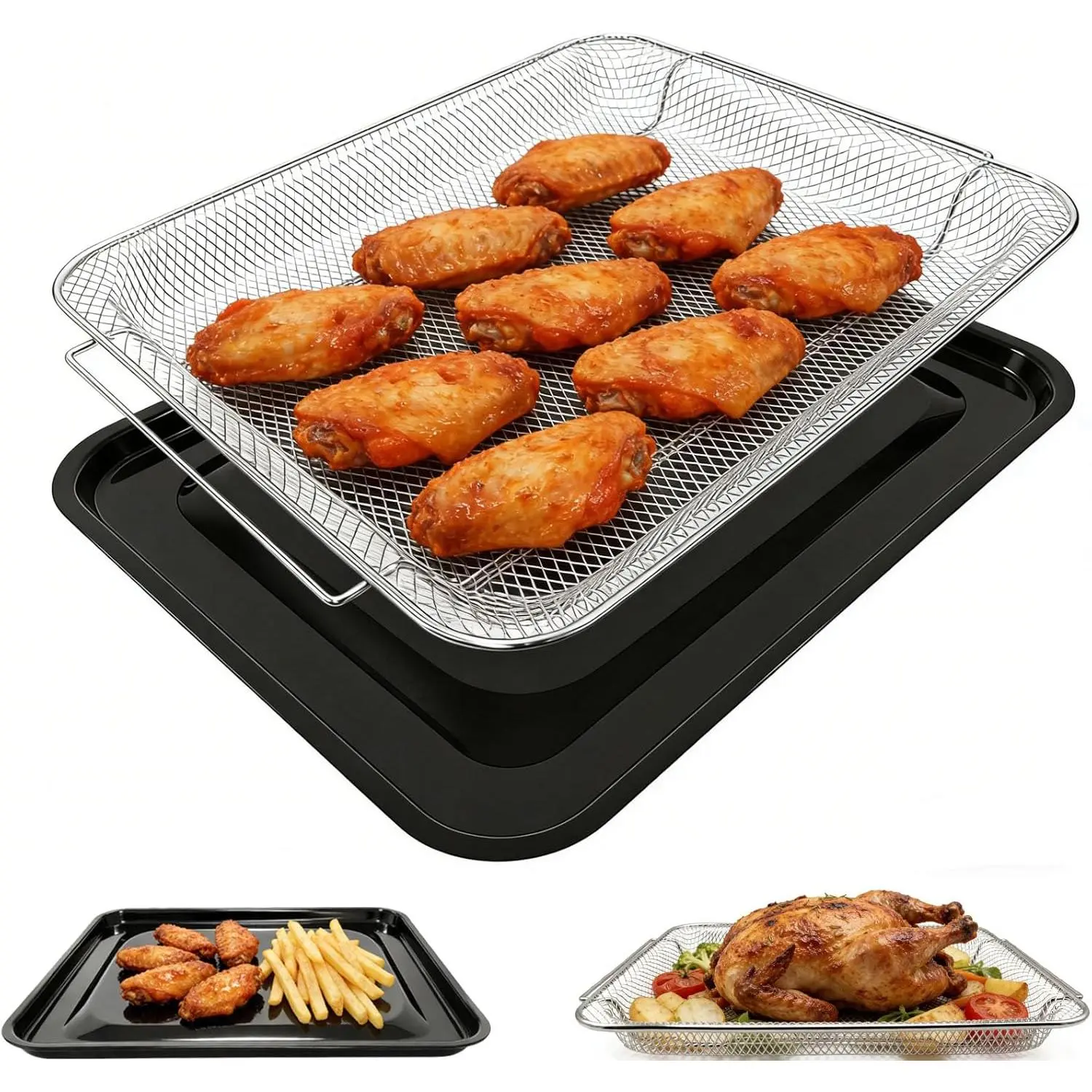 Air Fry Basket & Tray Set for GE Oven, Replacement Parts for GE Appliances Range & Wall Oven PM48X120, 15” x 12” Tray Pan for Baking Roasting Draining & Crispy Air Frying, Dishwasher Safe