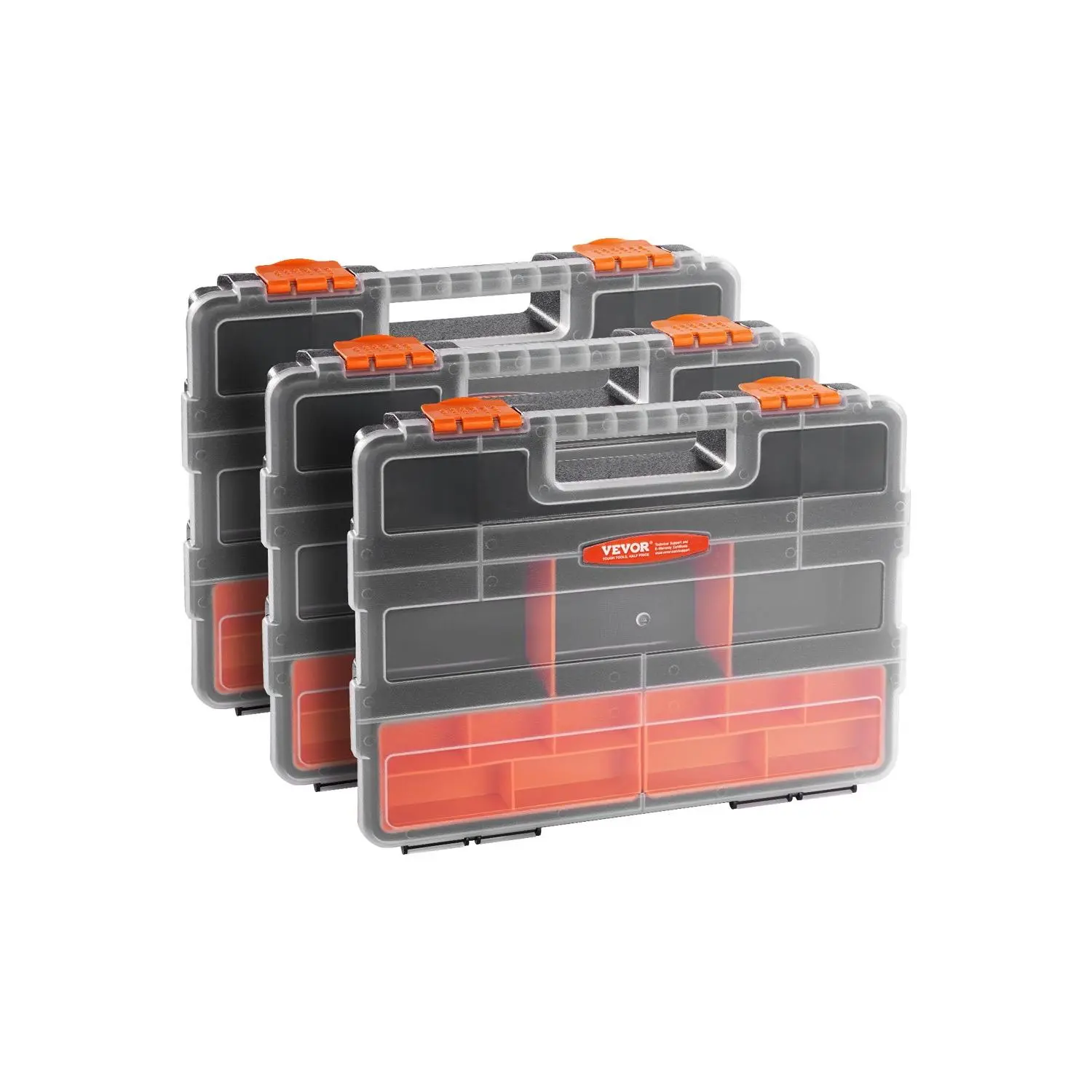 VEVOR 3-Pack Small Parts Organizer, 21 Compartments Tools Organizer Box with Removable Dividers, High-Quality PP Hardware Storage Box with Safety Latch Portable Handle for Nuts, Bolts, Screws, Nails