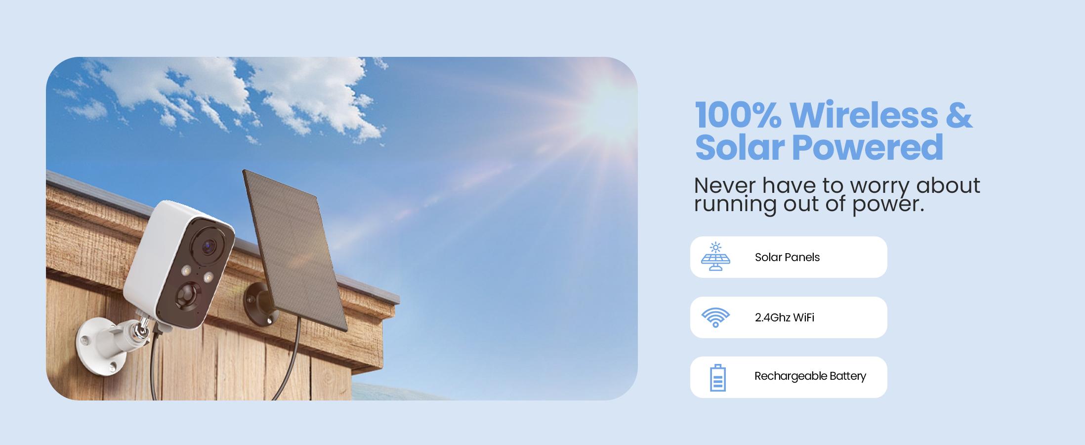 Wireless Solar-Powered Outdoor Security Camera with Battery Backup - WiFi Home Surveillance System with Floodlight, Color Night Vision, Motion Sensor Alarm, and Door Monitoring (Indoor/Outdoor Use) Wireless Solar-Powered Outdoor Security Camera with Battery Backup - WiFi Home Surveillance System with Floodlight, Color Night Vision, Motion Sensor Alarm, and Door Monitoring (Indoor/Outdoor Use)