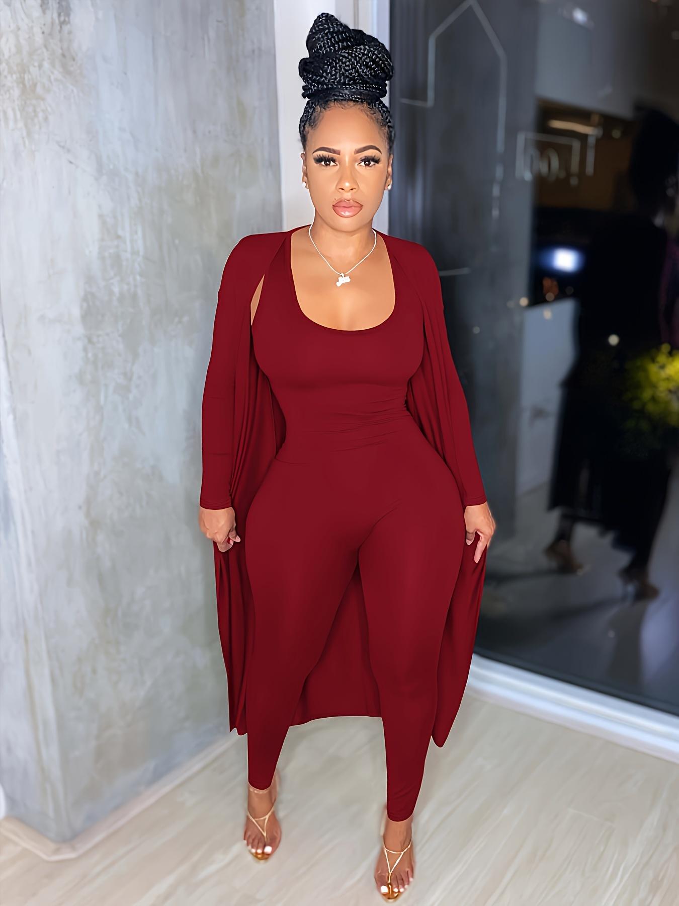 Two-piece Set Women's Solid Open Front Long Sleeve Longline Outwear & Skinny Jumpsuit, Casual Fashion Cozy Outfits for Daily Outdoor Wear, Women Clothes for Fall & Winter, Solid Color Jumpsuits