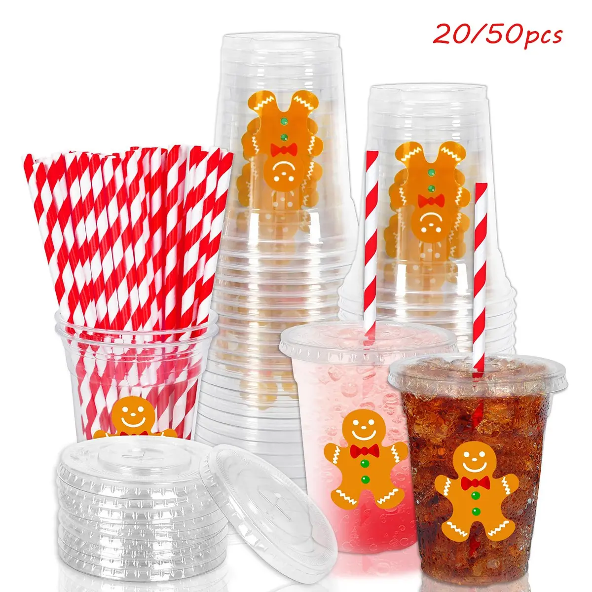 20/50pcs Christmas Disposable Plastic Cups Set, with Lid and Straw, 12oz, Party Cups, Gingerbread Cold Drink Cups, Festive Holiday Party Supplies