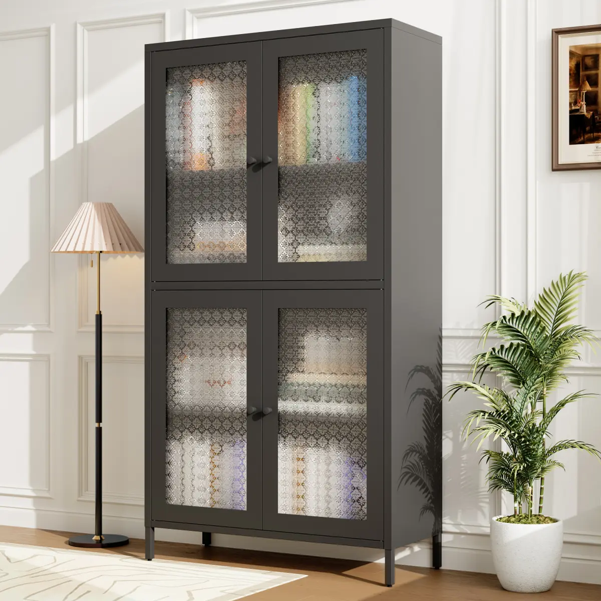 31.5"w × 12.6"d × 59"h Black Freestanding Cold Rolled Steel Storage Cabinet, Classic 4 Begonia Embossed Tempered Glass Doors, Adjustable Shelves, Anti-Tipping Legs, Eco-Friendly, Assembly Required Bookcase for Home Office