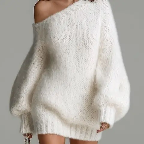 Women's Solid Asymmetric One-Shoulder Off-Shoulder Ribbed Lantern Sleeve Fall Winter Loose French Cozy Fashion Elegant Versatile Knit Long Sleeve Pullover Sweater Dress – Perfect for Daily Gatherings, Parties & Date Wear Knitwear