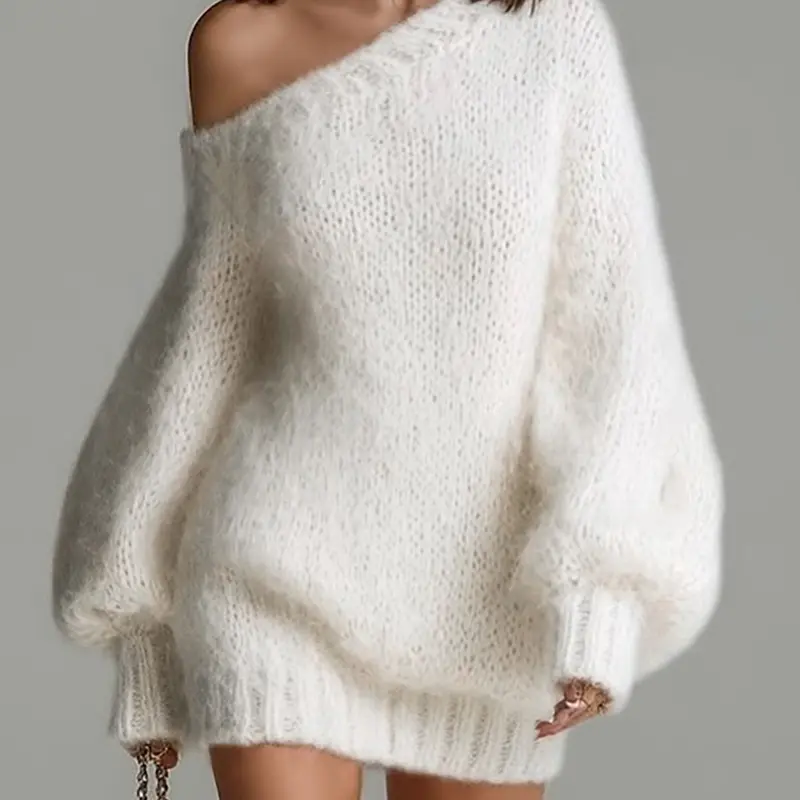 Women's Solid Asymmetric One-Shoulder Off-Shoulder Ribbed Lantern Sleeve Fall Winter Loose French Cozy Fashion Elegant Versatile Knit Long Sleeve Pullover Sweater Dress – Perfect for Daily Gatherings, Parties & Date Wear Knitwear