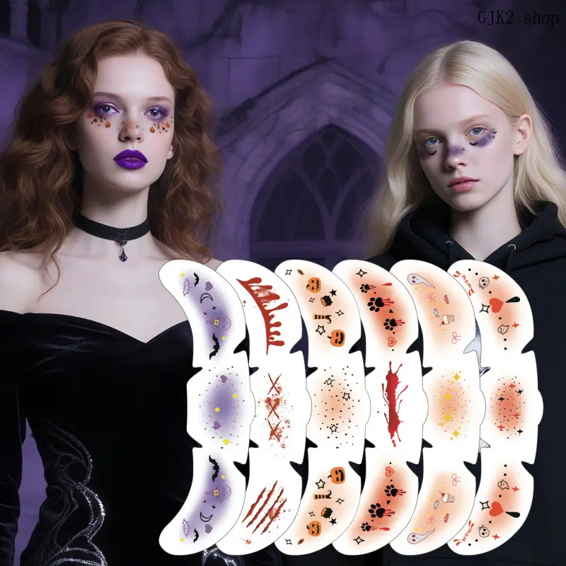 Waterproof Halloween Temporary Eye Area Face Stickers - Apply with Water, Mixed Patterns, Pre-Cut Edges, Pumpkin & Bat Prints for Costume Party Cosplay