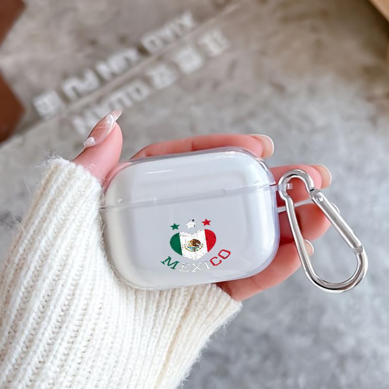 Cool Mexican Heart Symbol Pattern TPU Soft Protective Case for Apple AirPods 4/3/2/1/Pro/Pro2 Transparent Earphone Cover with Keychain Attachment