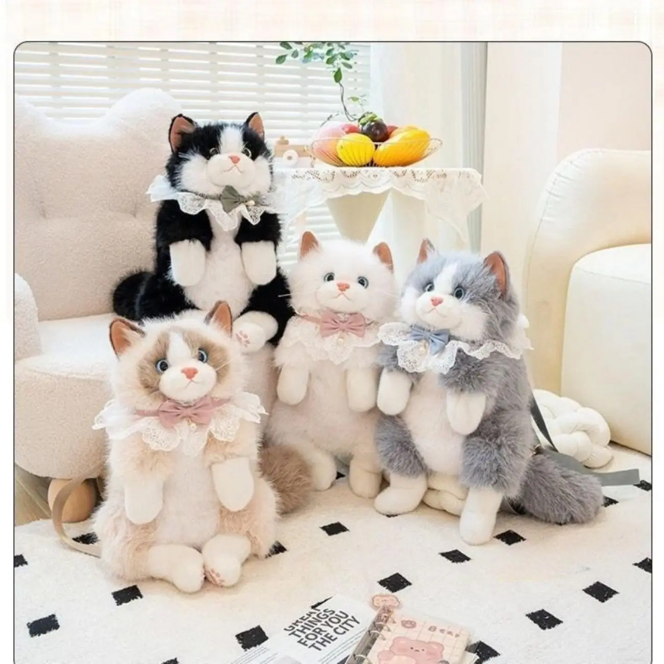 Kawaii Cute Plush Cat Bag for Girls & Kids, Soft Fluffy Animal Design with Large Capacity for School, Unique Gift for Animal Lovers, Bag Design Backpack, Storage, Double Strap, Backpacks For School, Style, Animal Look