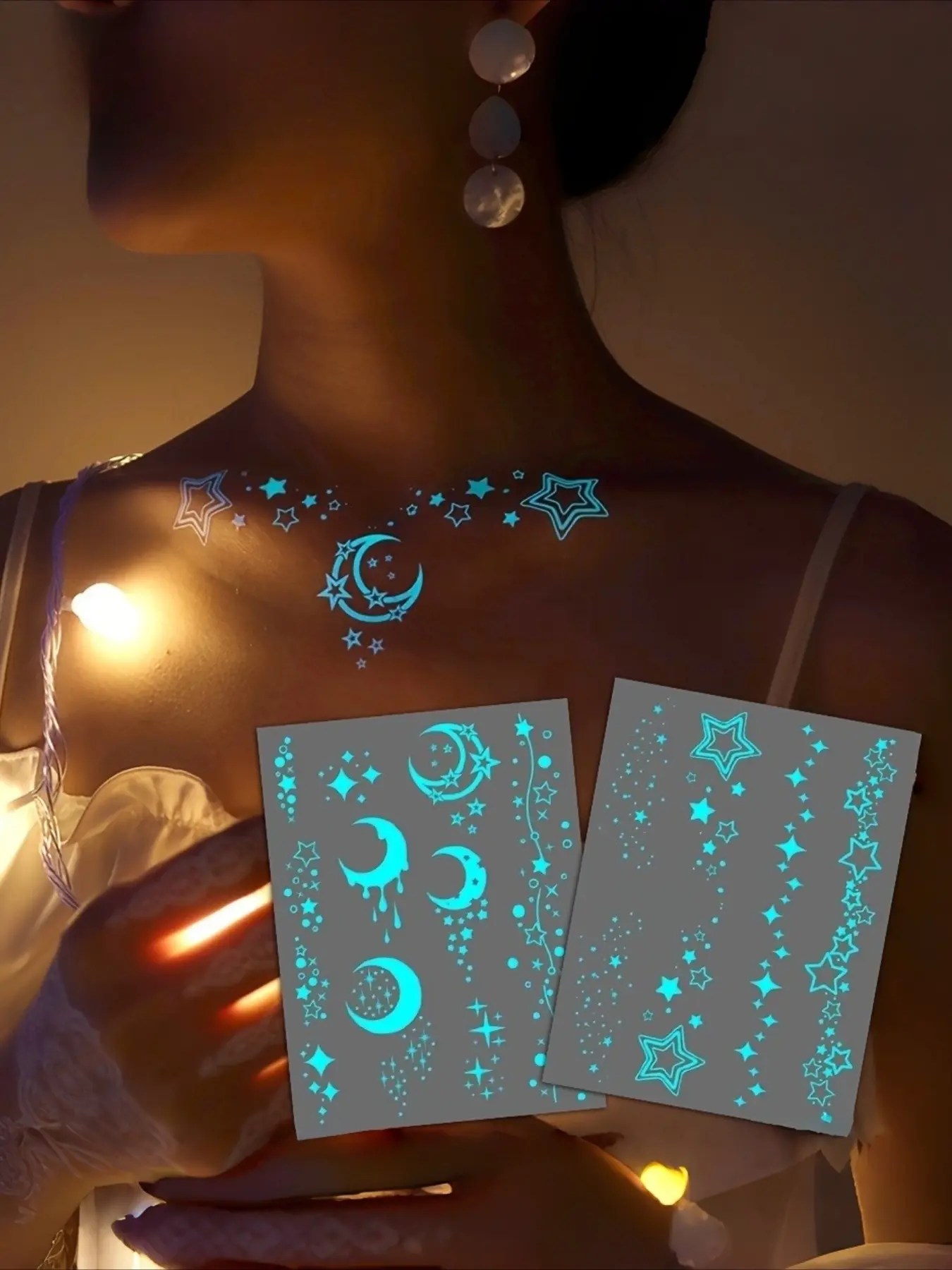 4-Pack Luminous Blue Moon & Stars Tattoo Stickers, Glow in the Dark Fake Body Art for Women, Ideal for Face, Chest, Arm, Hand, Necklace & Bracelet