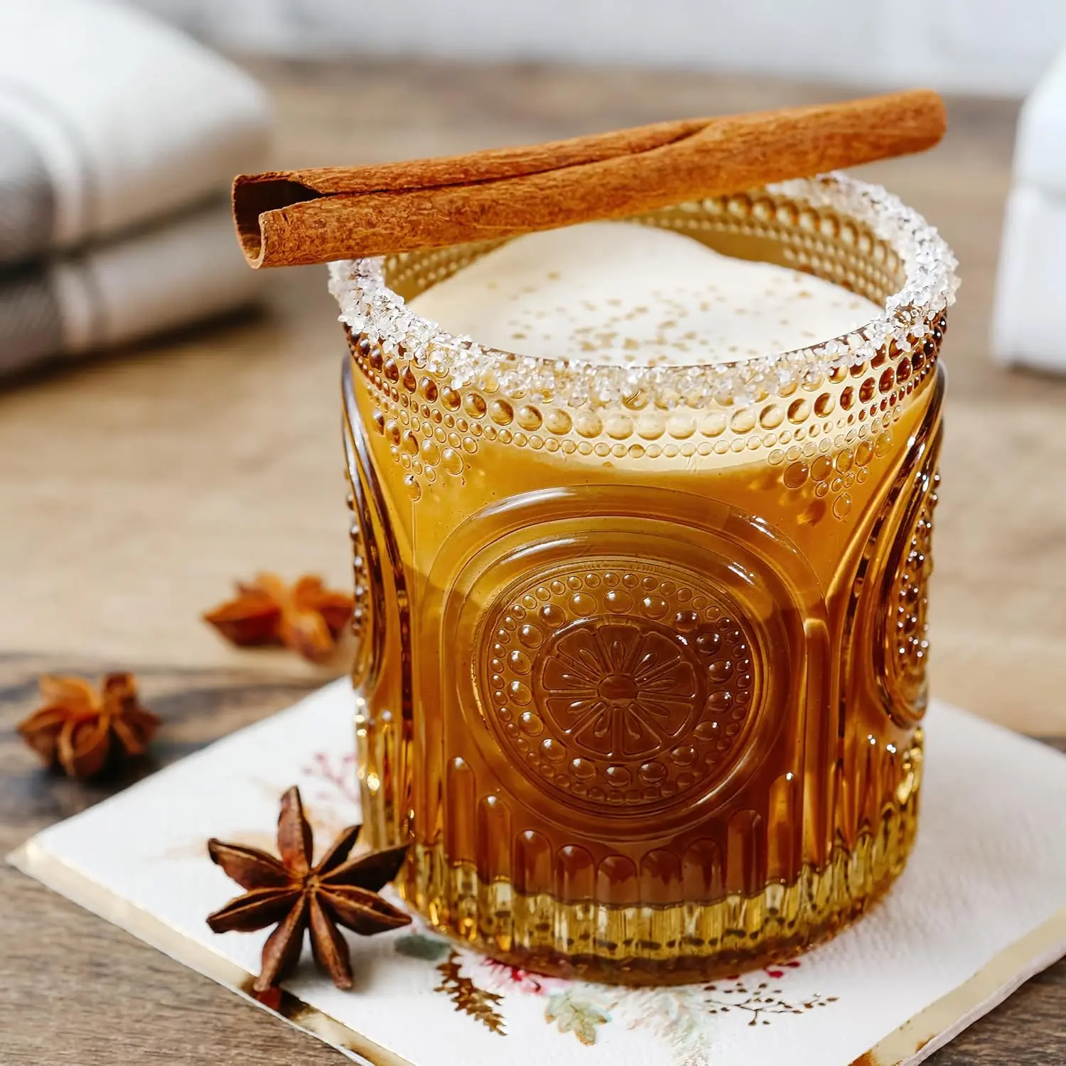 Vintage Amber Drinking Glasses Set of 6 - 10 oz Ribbed Glassware for Drinking Water, Juice, Cocktail Glasses - Ribbed Glass Cups Set, Iced Coffee Cup, Kitchen Drinkware or Home Bar
