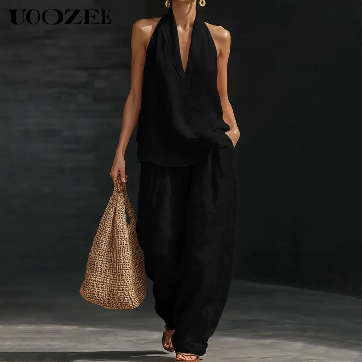 UOOZEE Women's Bohemian 2-Piece Set, Breathable Lightweight Cotton Linen Oversized Outfit with Halter Top and Wide Leg Trousers with Pockets, Chic, Minimalist, Style, Party, Two Piece Set, Women's Matching Sets