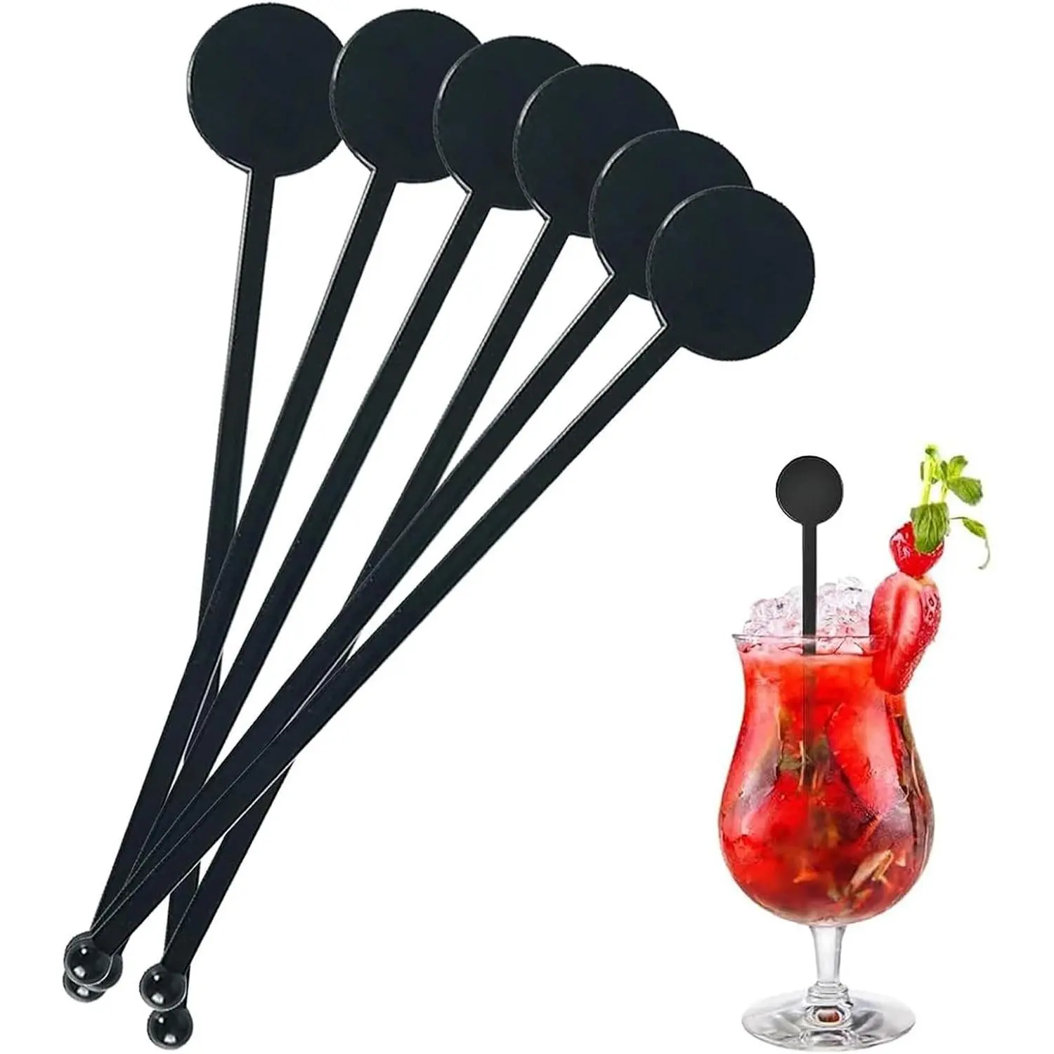 100Pcs Cocktail Swizzle Sticks, 7 Inches Disposible Plastic Disc Top Drink Stirrers Black Drinks Mixing Rod for Coffee Milk Cocktail Whiskey Beverage Bar (Black)
