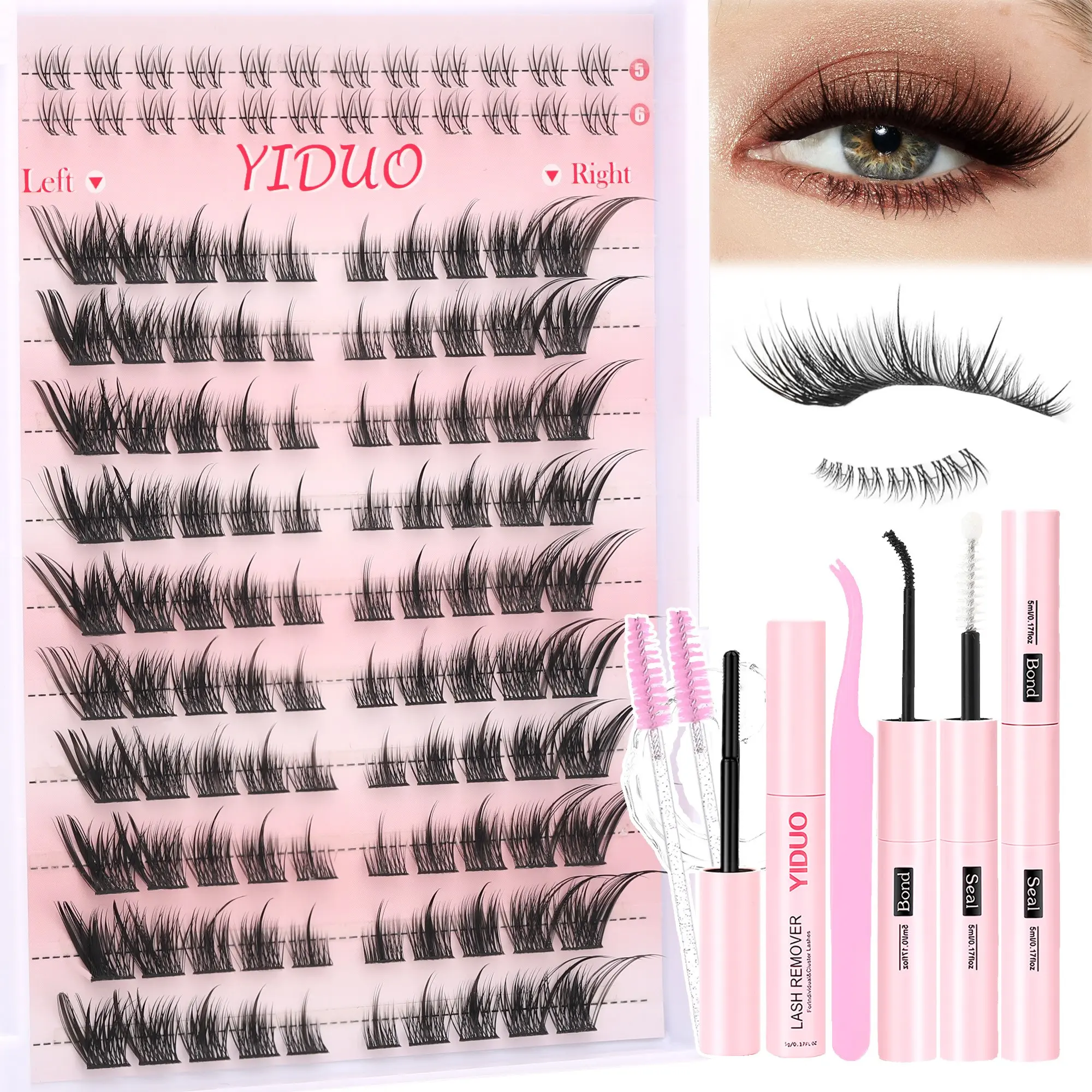 YIDUO Wispy Fox Eye Lash Set – Left & Right Clusters + Bottom Lashes, LC-Curl, Thin & Lightweight. Complete with Bond, Seal, Remover, Tweezers & Brush – 5-Min DIY, No Lash Map Needed.
