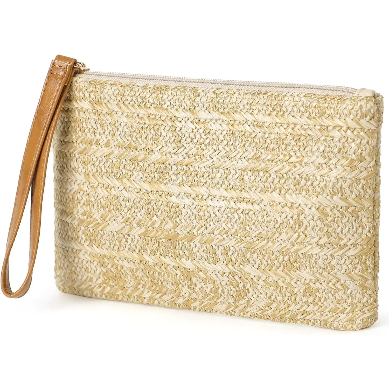 Straw Purse Bag for Women Bohemian Handbag with Zipper Wristlet, Straw Clutch Womens Beach Clutch Purse for Summer