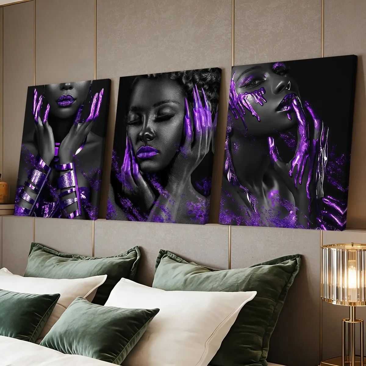 3 Counts Wooden Framed Canvas Painting, Purple Metallic Body Art Images, Exquisite Poster, Perfect Living Room Decoration, Modern Art, Fashion Family Poster, Home Wall Art, Wall Art Decoration, Waterproof Art
