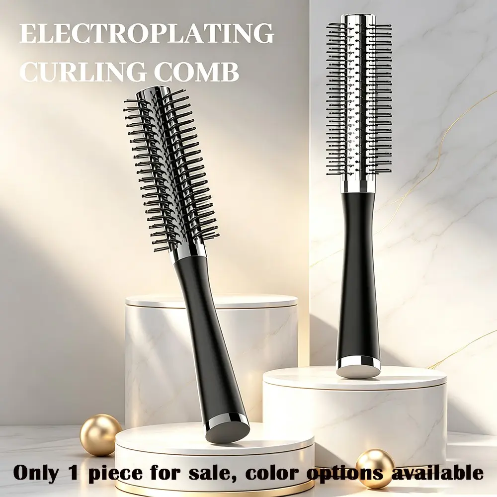 Electroplated Cylindrical Hair Curler Comb, Non-Slip Long Handle Roll Brush, Anti-Static Salon Hair Styling Tool, Unisex Daily Use, Curling Comb