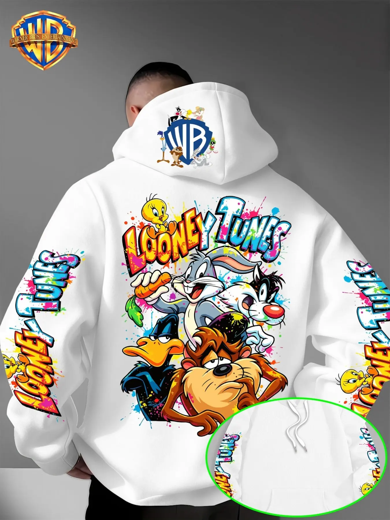 Men's Warner Bros Looney Tunes Back Print Hoodie, Colorful Cartoon Pattern Pullover, Casual Street Style Hooded Top