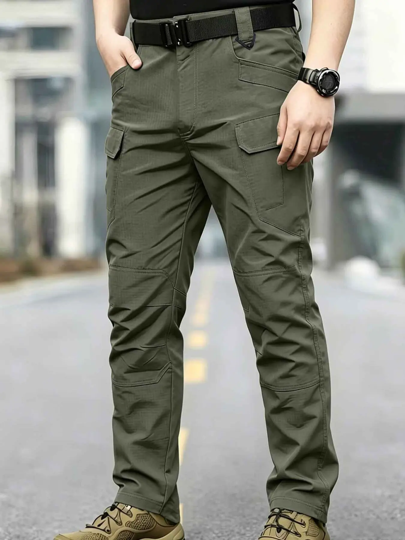 Men's tactical work pants, multi pocket, tear resistant, slightly elastic fabric, suitable for construction commuting, outdoor hiking, camping (without belt)