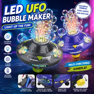 Bubble Machine, Automatic Rotating Disc Bubble Blower with Colorful Lights, Music and Obstacle Avoidance Function, Flying Saucer Toys for Indoor Outdoor Birthday Party
