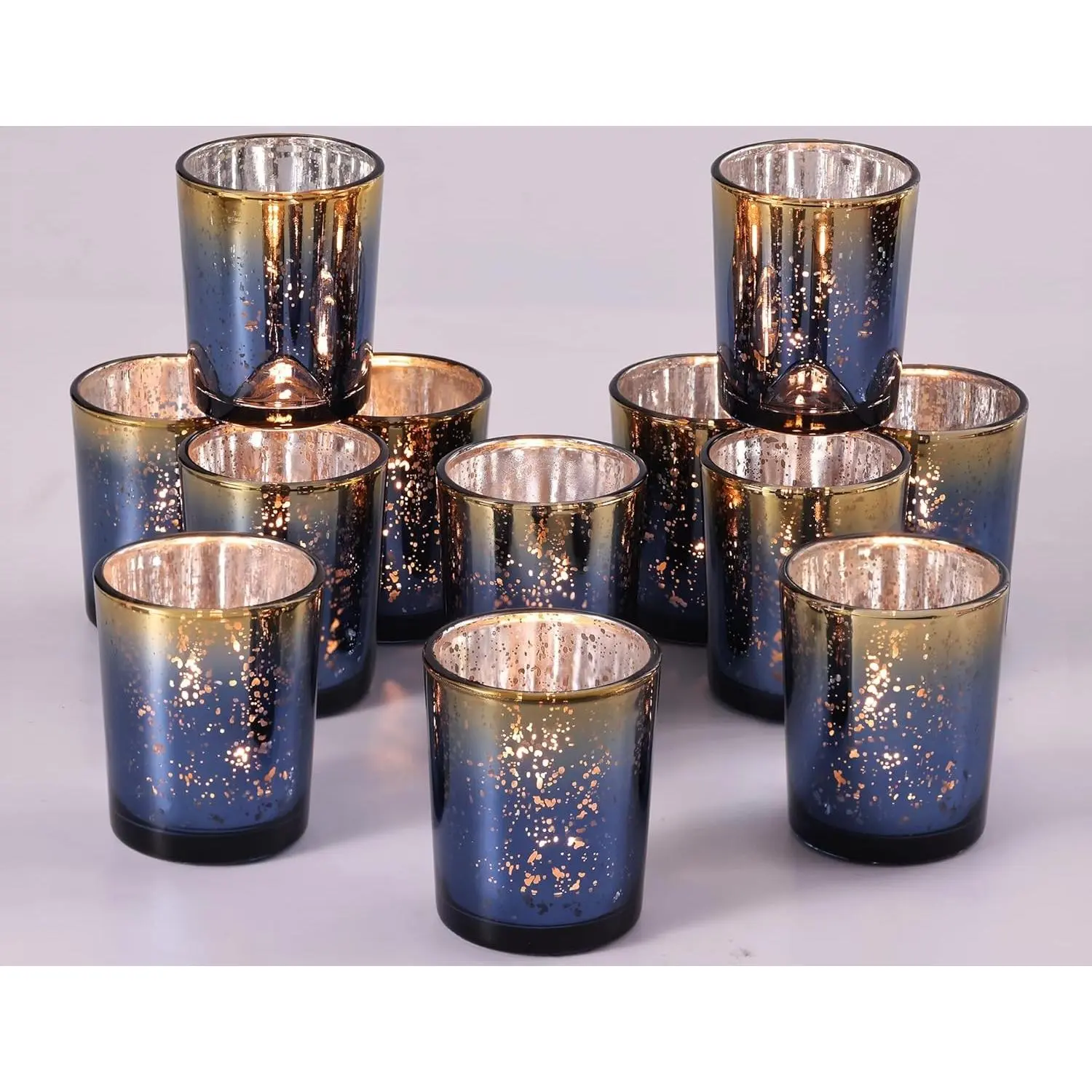 Navy and Gold Party Decorations 12pcs Glass Votive Candle Holders | Speckles Mercury Glass Tealight Candle Holders Bulk for Tabletop, Wedding Centerpiece, Navy Blue and Gold Decor