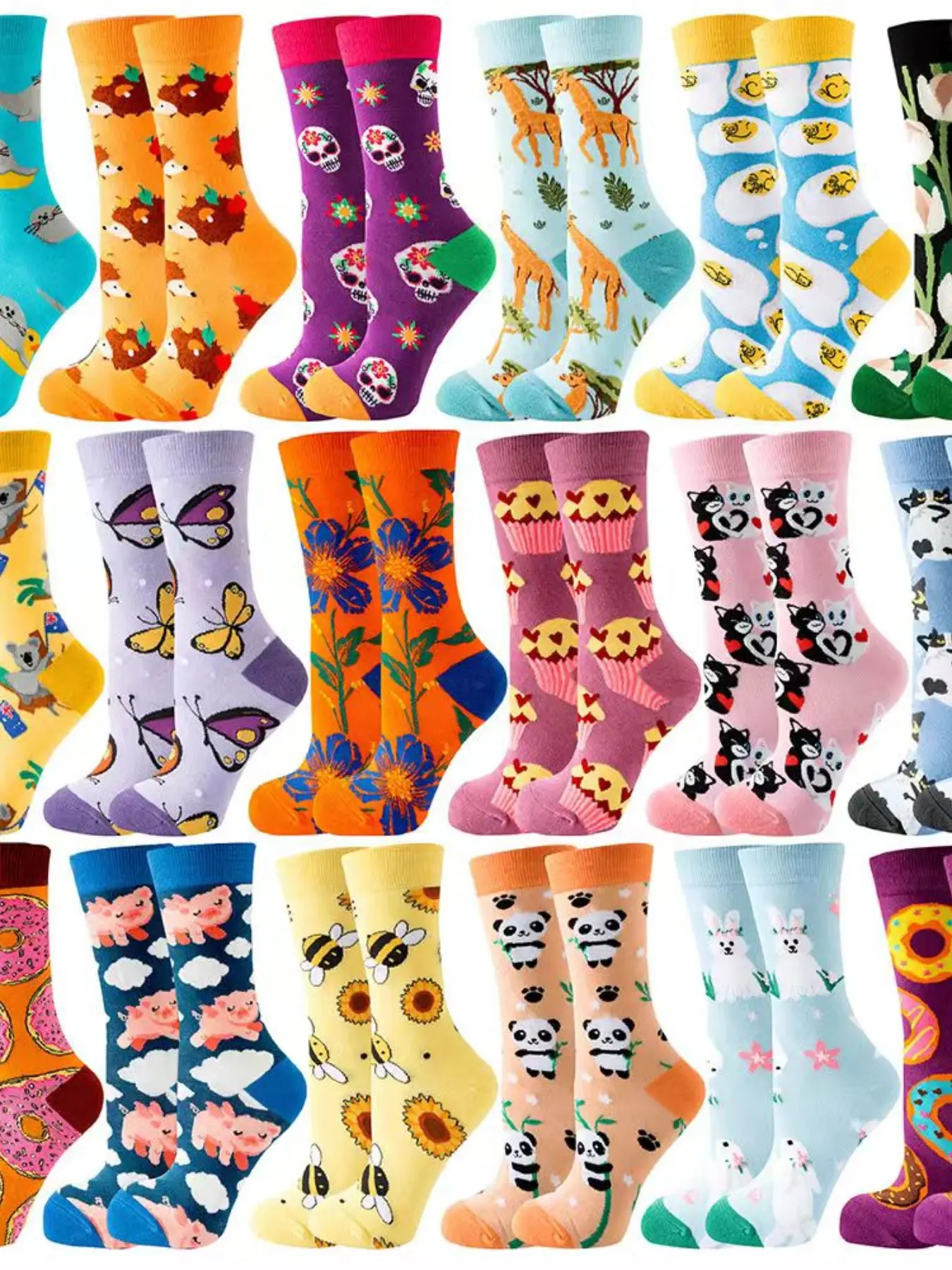 Random 10 Pairs Colorful Cartoon Animal Floral Crew Socks, Fun Full Print Illustrations, Trendy Unisex Comfortable Crew Socks