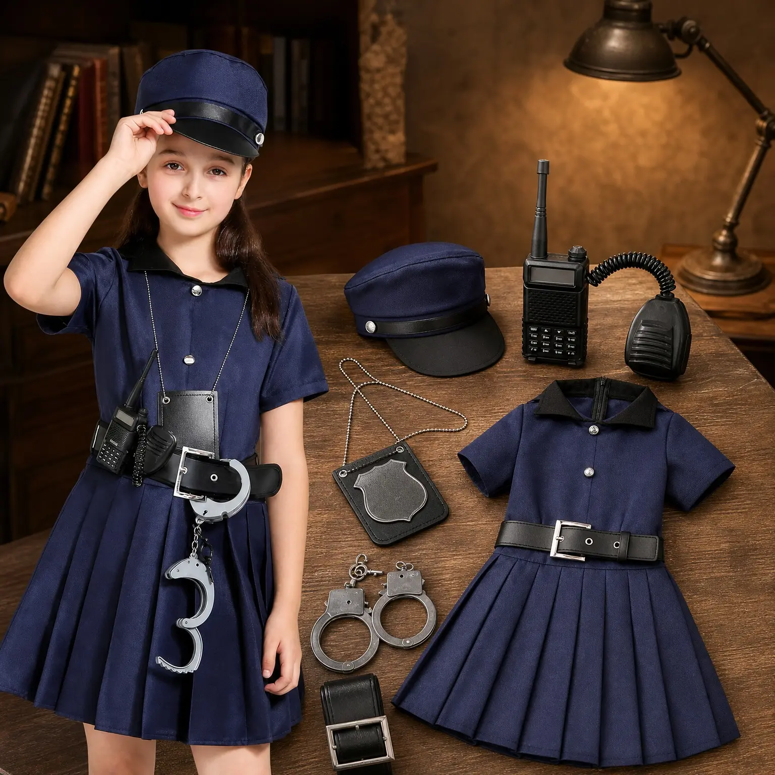 Girls' Police Costume 6-Piece Set, Kid Cop Uniform Outfit with Complete Accessories, Halloween Career Day Dress Up Costume(Gift)